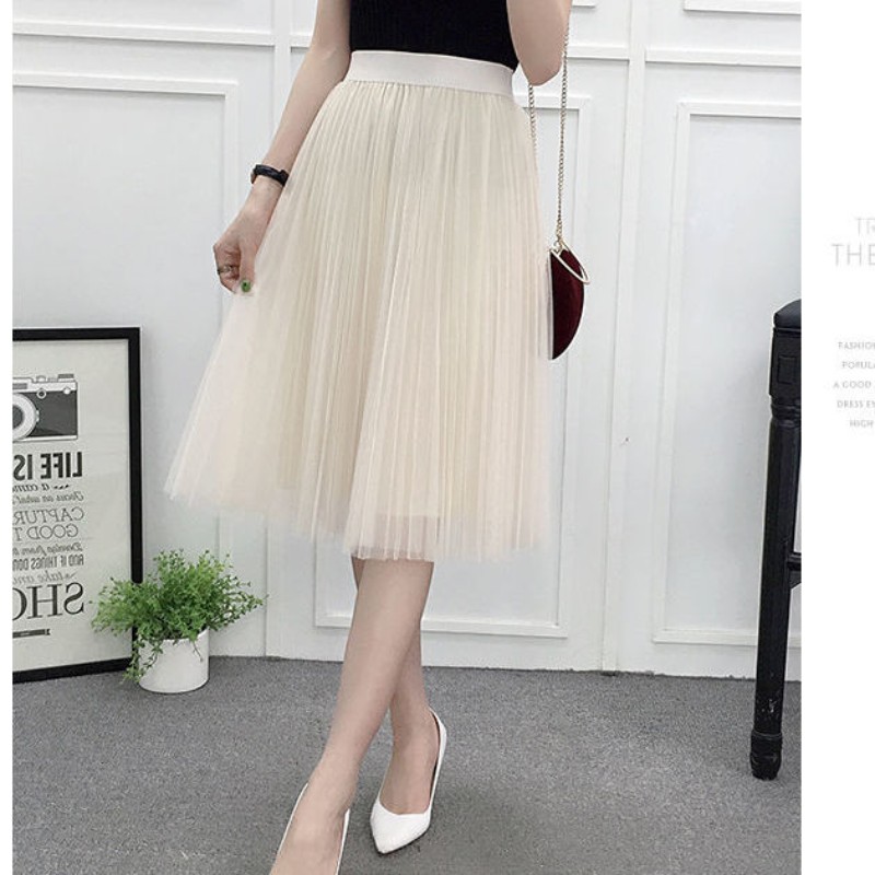 高腰顯瘦A字網紗甜美春夏唯美浪漫長裙 黑/杏/灰色任選