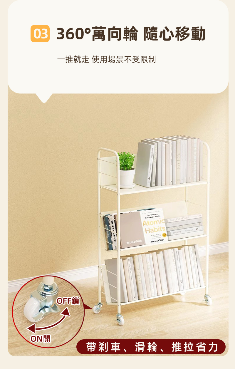 奶油風超穩固可移動鐵藝書架-升級層板(文件推車 兒童書架 移動書櫃 置物架)