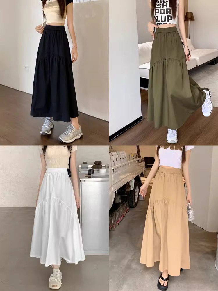 韓版時尚設計感褶皺拼接鬆緊腰長裙 M-XL 多色 