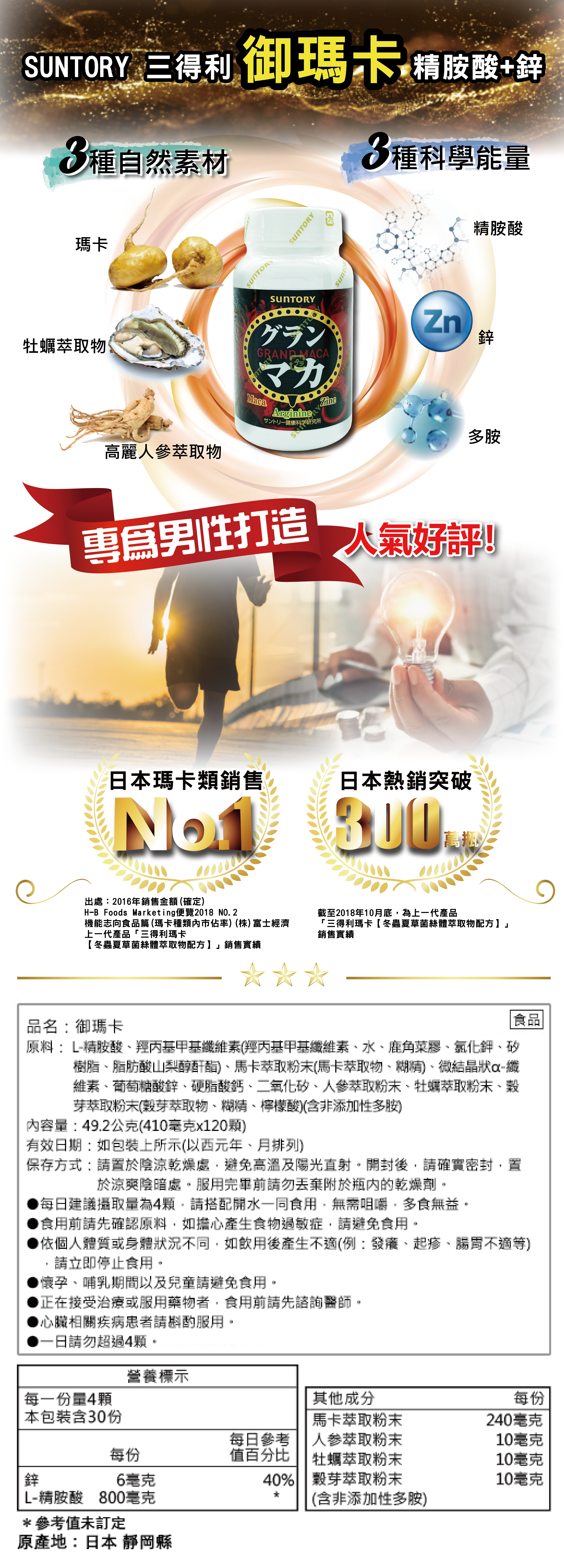 【三得利】御瑪卡 精胺酸+鋅(120顆/瓶) 男性熟齡保養 日本瑪卡保健NO.1