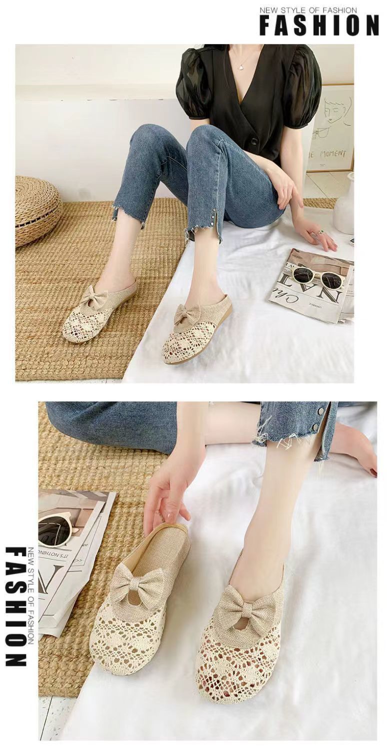 韓系簡約透氣舒適亞麻蕾絲鏤空平底鞋 