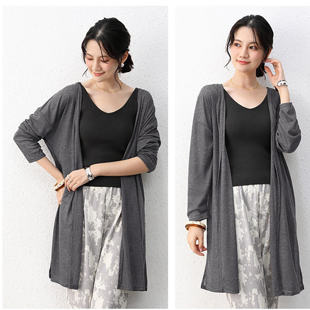 韓系透氣棉長版飄逸開衩薄款防曬外套 罩衫 4色任選