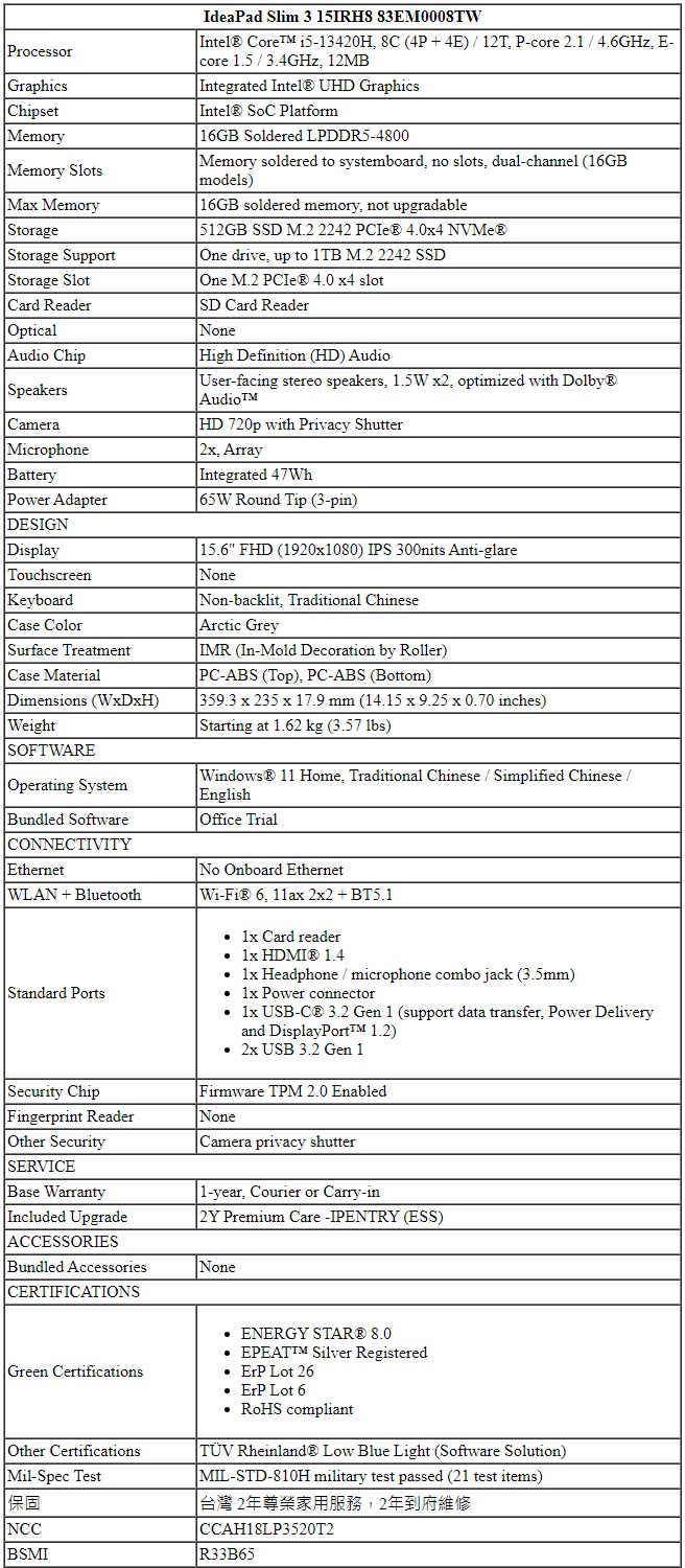 【Lenovo】Ideapad Slim 3 15.6吋輕薄筆電