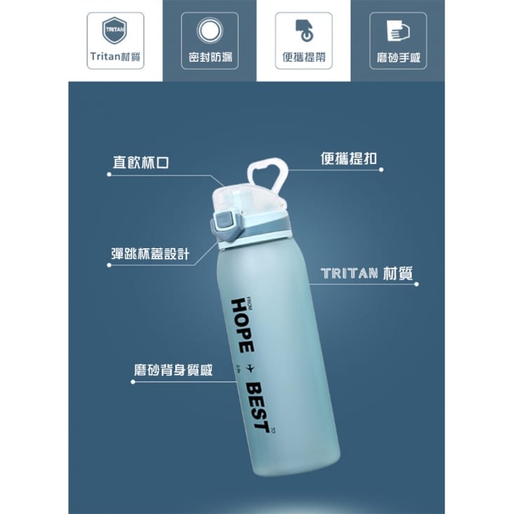 美國進口Tritan材質防摔運動水壺 密封防漏磨砂透明水瓶