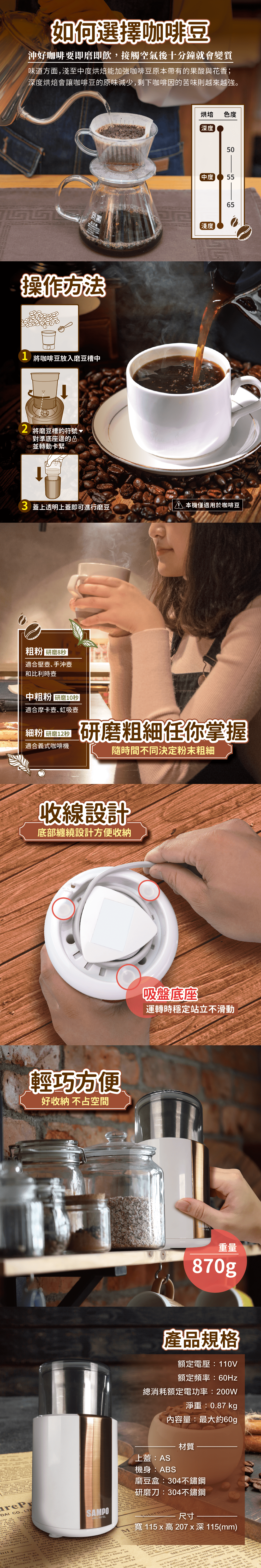 【SAMPO聲寶】分離式電動咖啡磨豆機 分離式好清洗(HM-L1601BL)