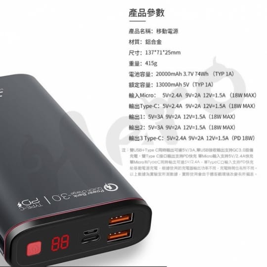 【Hero】20000mAh 支援18W 液晶顯示快充行動電源Hero-PD-1
