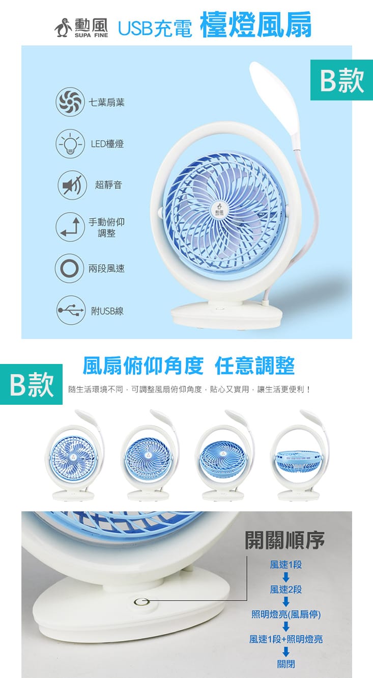 鋰電USB充電/隨充隨用【勳風】充電式行動風扇/檯燈扇/DC扇