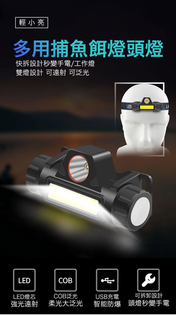 超強光爆亮磁吸兩用頭燈 照明燈 雙光源 磁吸吸附 usb充電