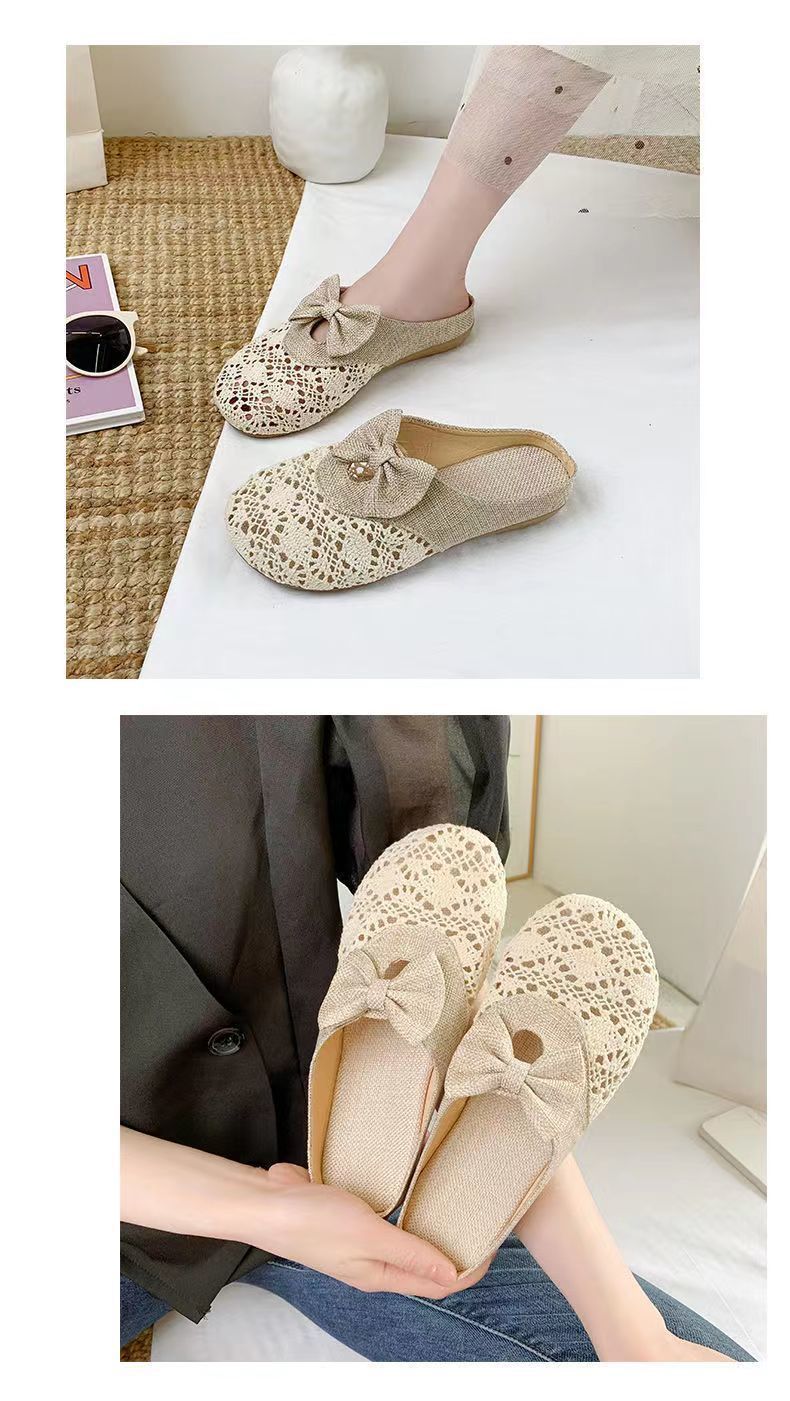 韓系簡約透氣舒適亞麻蕾絲鏤空平底鞋 