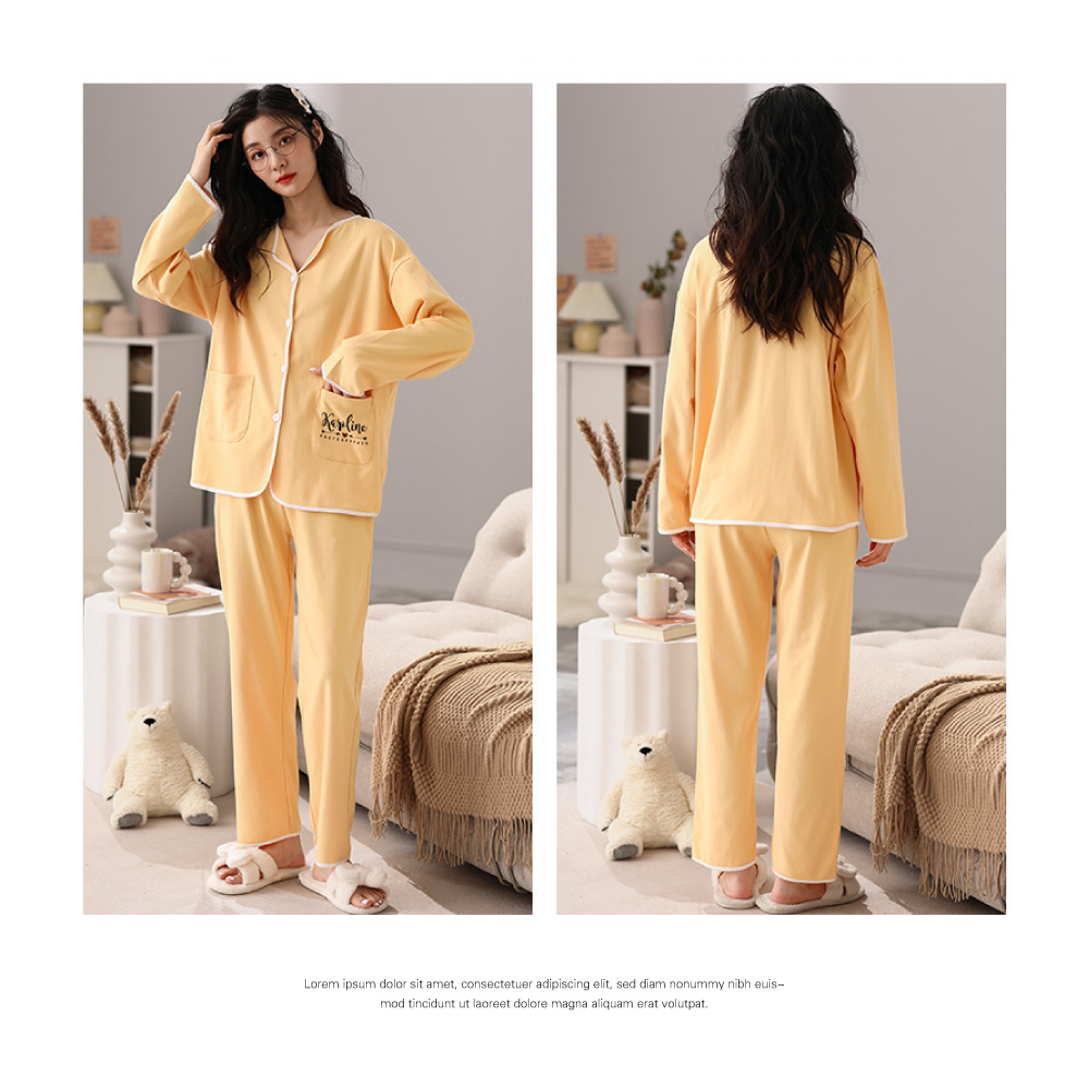 大尺碼寬鬆棉質花紋點綴開襟居家睡衣-4色 居家服 家居服