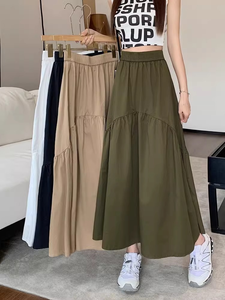 韓版時尚設計感褶皺拼接鬆緊腰長裙 M-XL 多色 