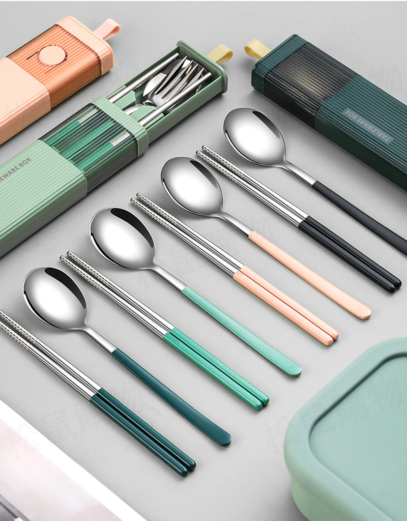 304不鏽鋼靜音環保餐具組 三件組 湯匙 筷子 叉子 四色任選