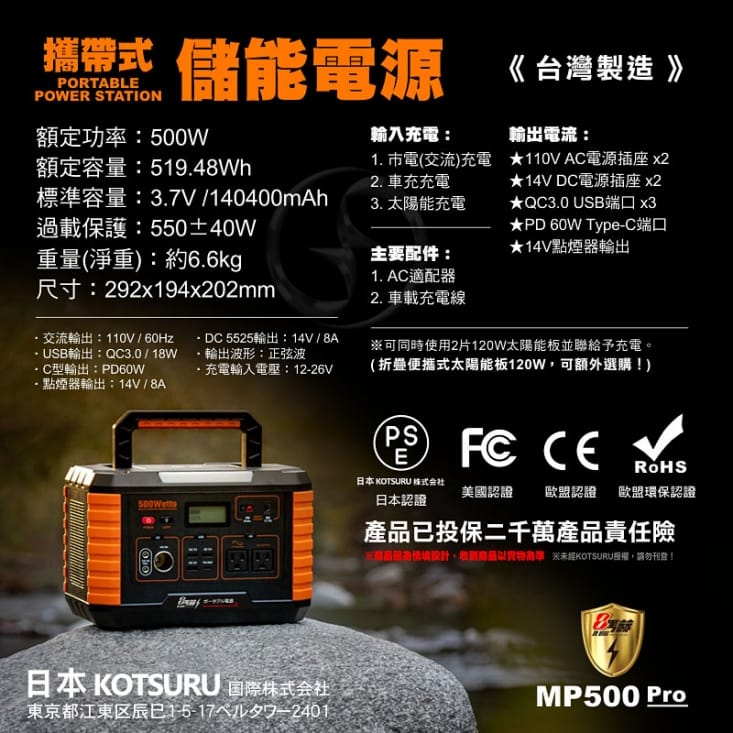 【日本KOTSURU】攜帶式儲能電瓶/太陽能板 (330W-1000W)