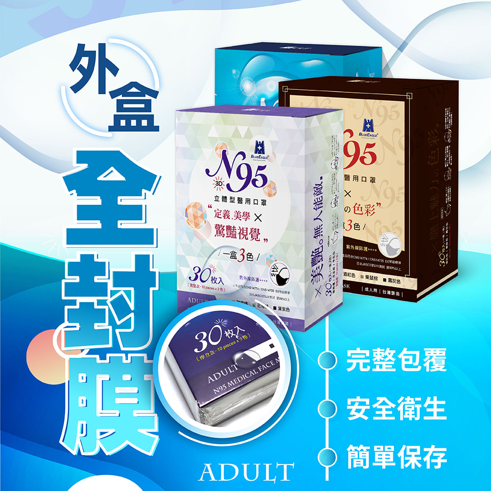 【藍鷹牌】N95醫用立體型成人口罩 三色綜合款 30片/盒 (3系列任選)