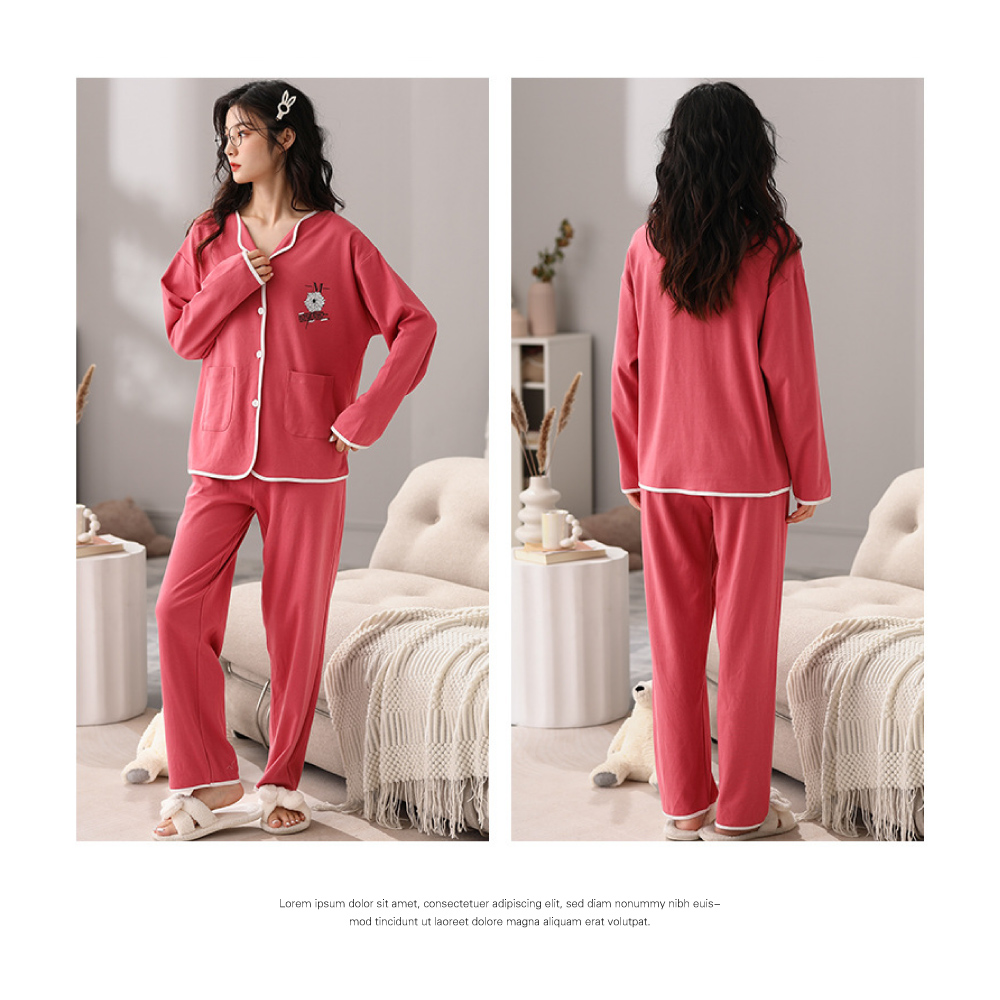 大尺碼寬鬆棉質花紋點綴開襟居家睡衣-4色 居家服 家居服