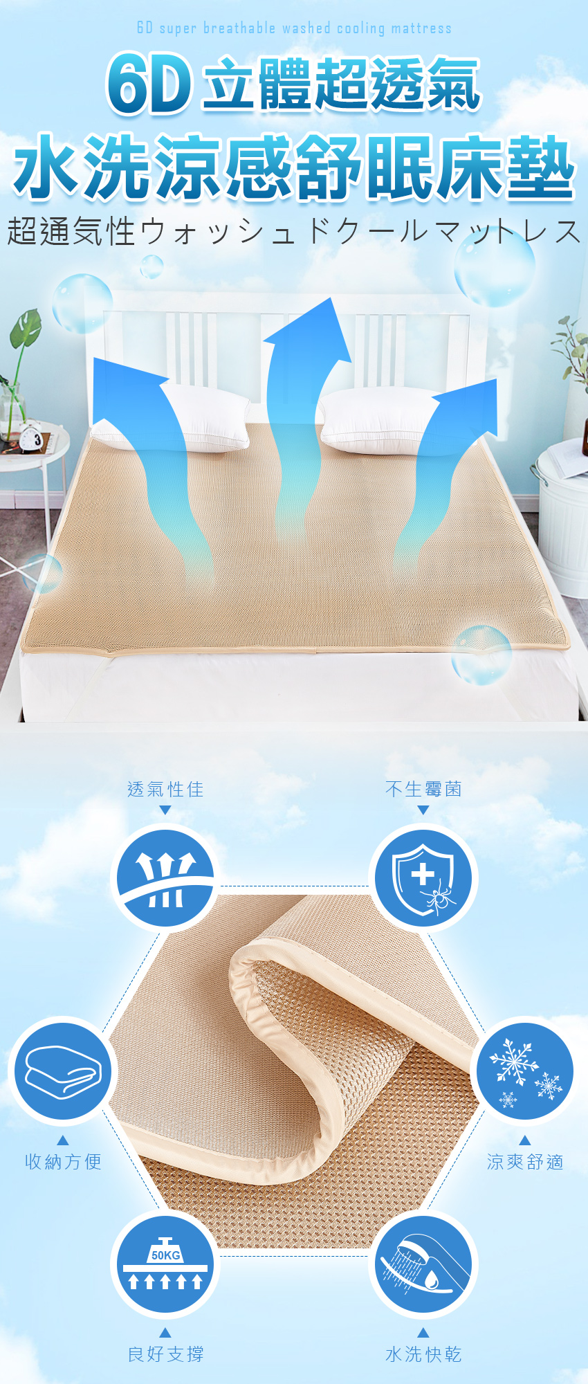 【J-bedtime床寢時光】6D超透氣可水洗涼感床墊 嬰兒/單人/雙人/加大