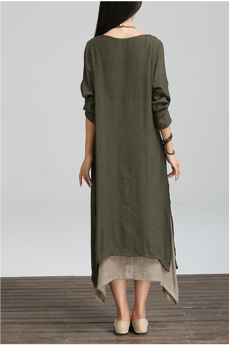 簡約寬鬆大碼棉麻連衣裙(L~4XL) 大尺碼/寬版/連身裙/長裙/假兩件式