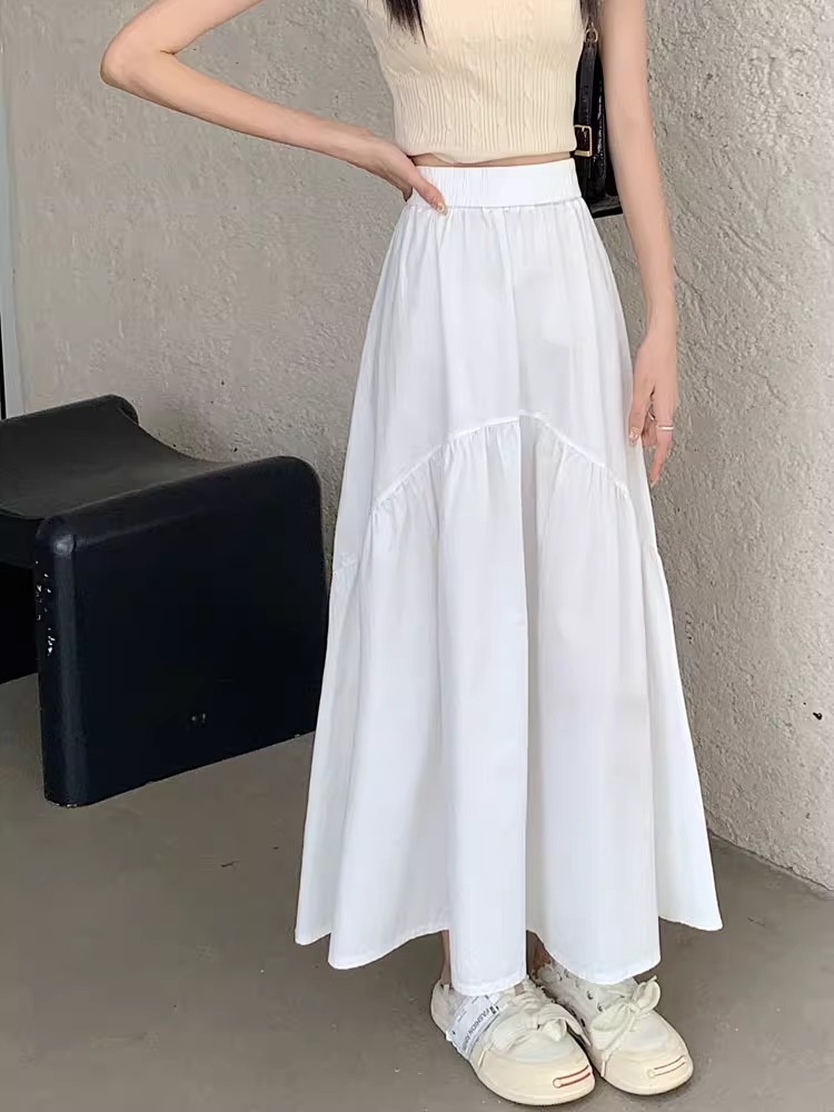 韓版時尚設計感褶皺拼接鬆緊腰長裙 M-XL 多色 