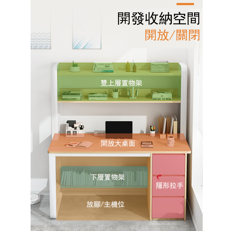 【E家工廠】大桌面抽屜收納電腦桌(橡木色+白)