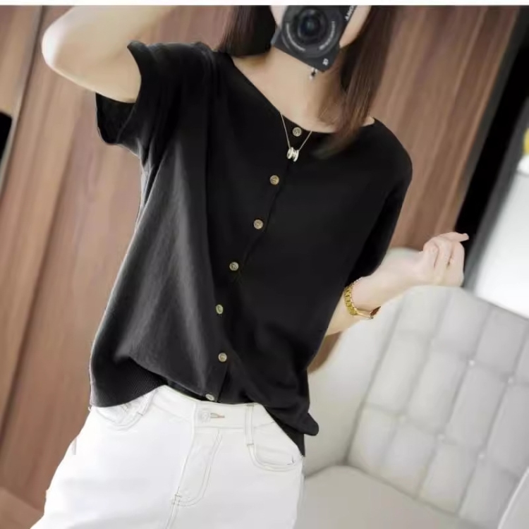 夏季針織女款短袖/V領衣/小香風金邊針織衫/V領拉鍊針織衣