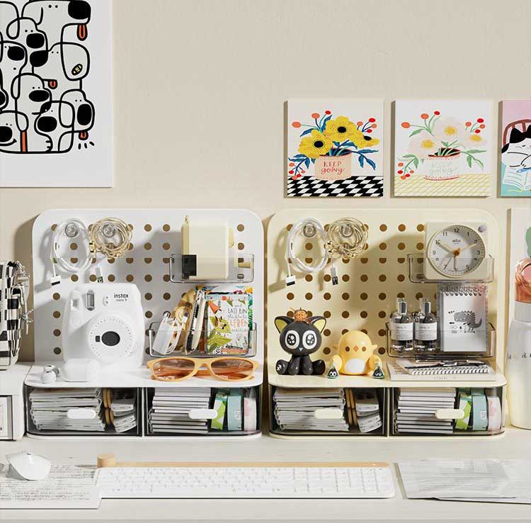 韓系桌面洞洞設計抽屜收納盒 洞洞背板 抽屜盒 收納架 置物架 文具收納