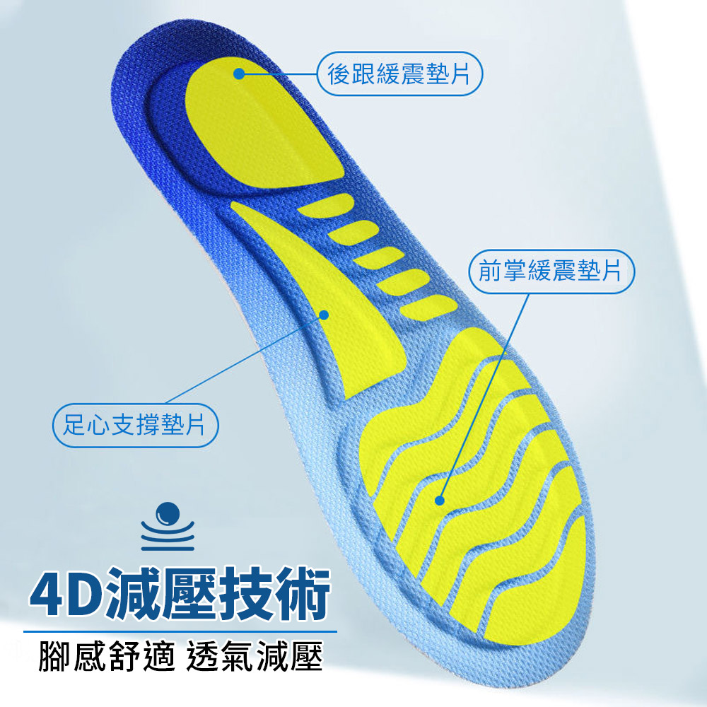 4D減震軟雲感透氣鞋墊 吸濕透氣 足弓支撐 (25-28CM)