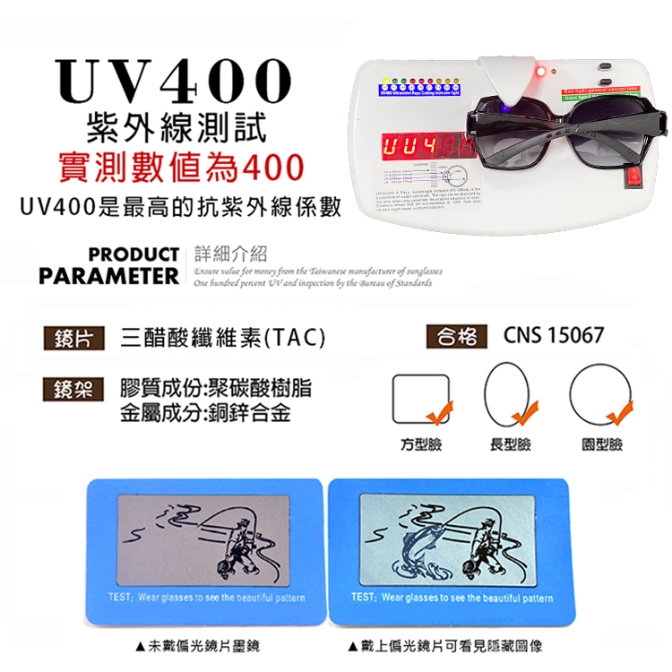 台灣製抗UV400防眩光時尚輕量偏光套鏡 太陽眼鏡 墨鏡  4色