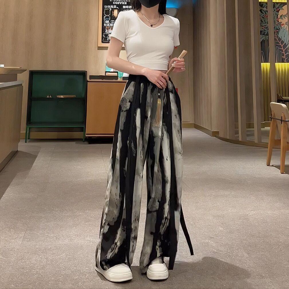 高腰垂墜感寬鬆直筒紮染雪紡冰絲褲 M-XL 寬褲 5款任選 鬆緊腰設計