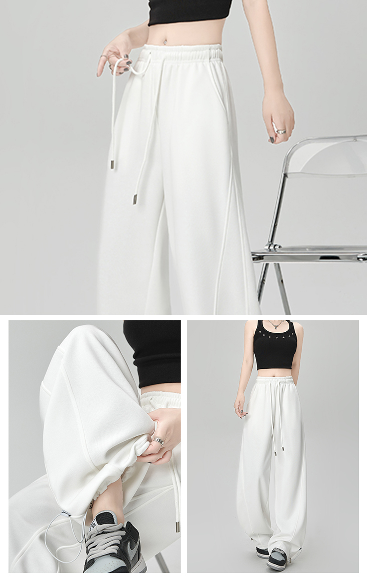 復古寬鬆束帶香蕉闊腿休閒褲S-XL(白／灰／黑／卡其) 運動褲 寬褲 縮口褲