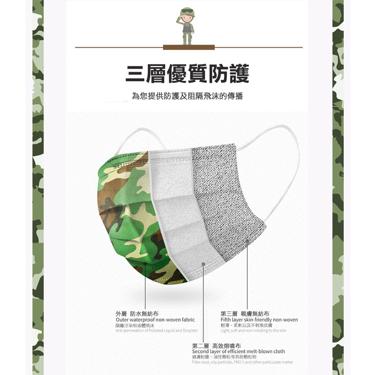 現貨 RM-A114 一次性防護迷彩口罩 單色包 單片獨立包裝 多款色可選 /5