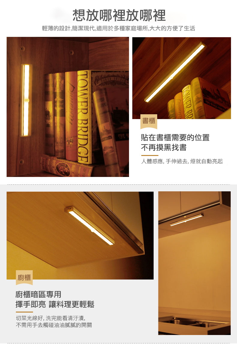 磁吸式智慧薄型雙感應燈 冷白光/暖白光 USB充電 壁櫃櫥櫃燈 走廊小夜燈