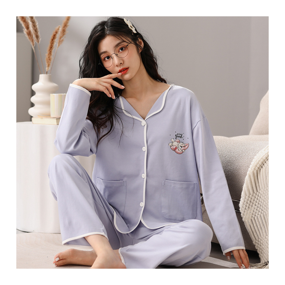 大尺碼寬鬆棉質花紋點綴開襟居家睡衣-4色 居家服 家居服