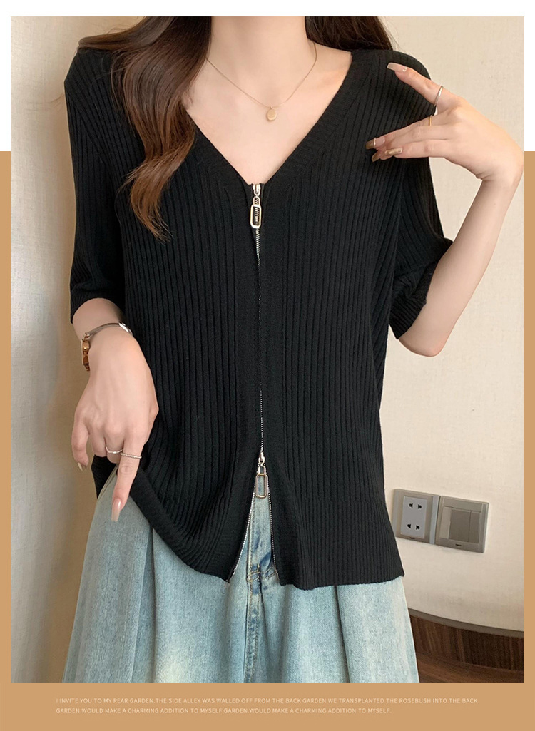 夏季針織女款短袖/V領衣/小香風金邊針織衫/V領拉鍊針織衣