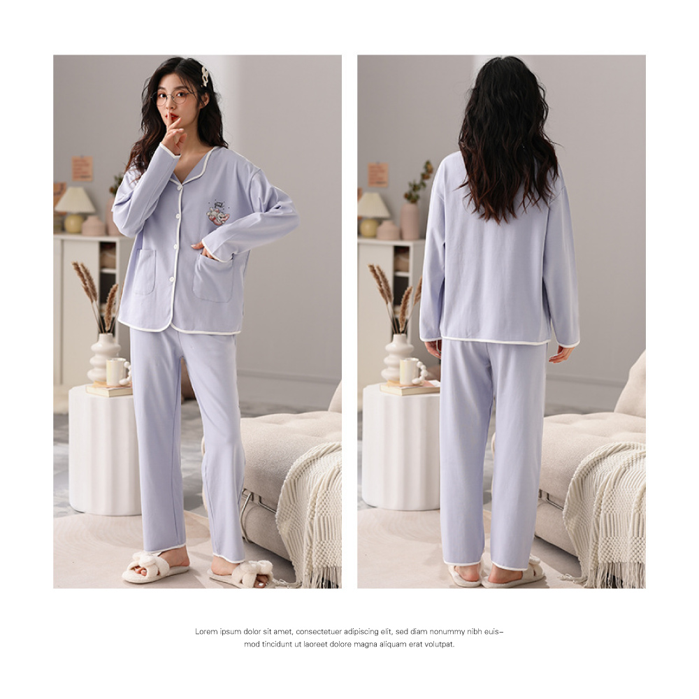 大尺碼寬鬆棉質花紋點綴開襟居家睡衣-4色 居家服 家居服