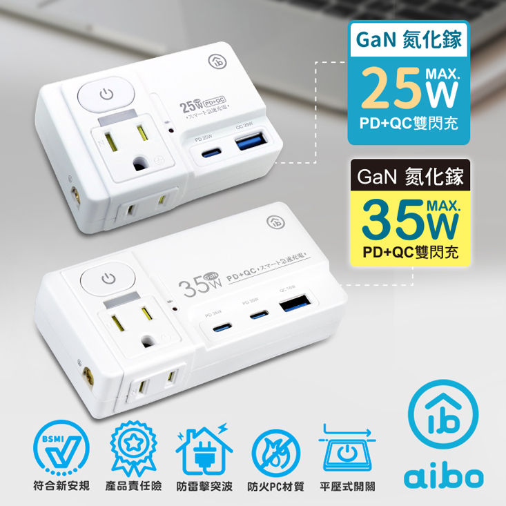 【aibo】高溫斷電多功能插座 平壓式1開2插 氮化鎵 壁插 USB 快充 插頭
