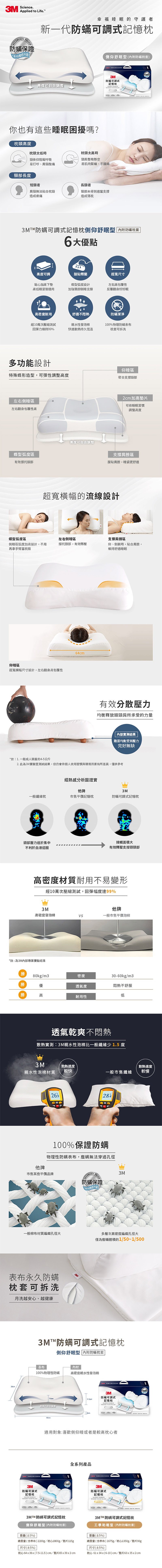 【3M】MZ800防蹣可調式記憶枕-工學助眠型.側仰舒眠型(內附防蹣枕套)