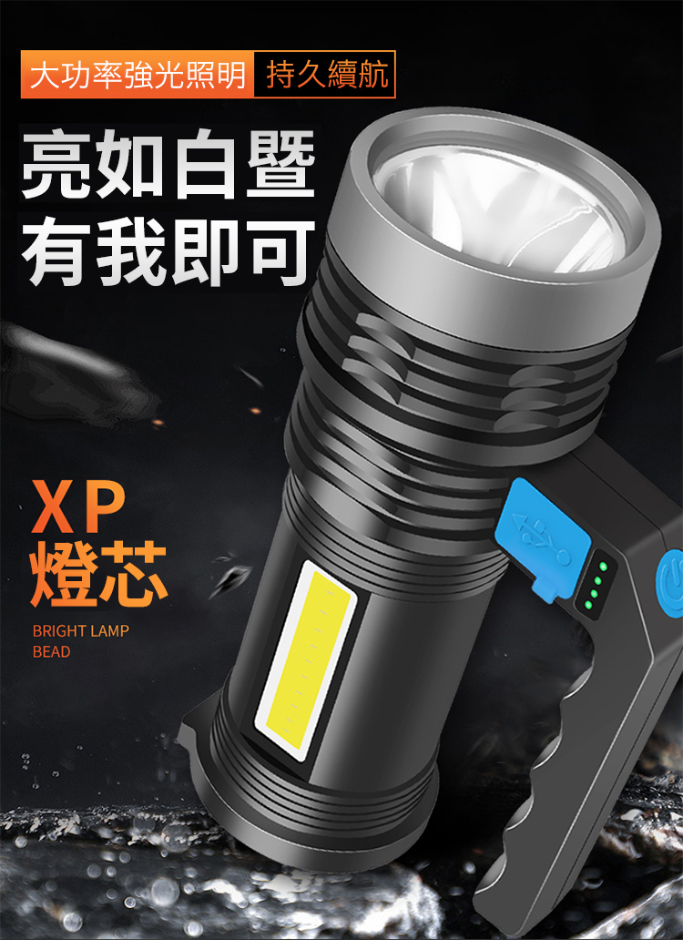 USB雙光源強光手電筒 緊急照明/大功率強光照明/USB快充/三檔燈光