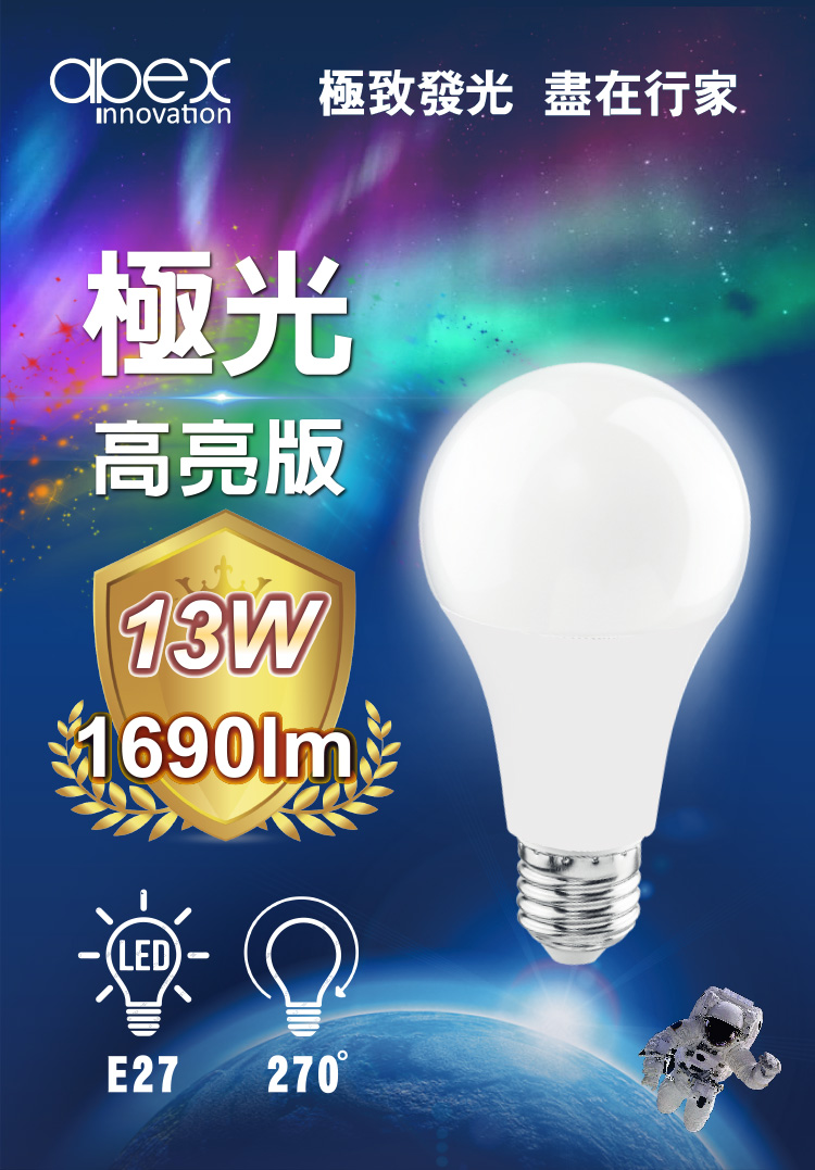 【APEX】13W高效能廣角LED燈泡 全電壓 E27