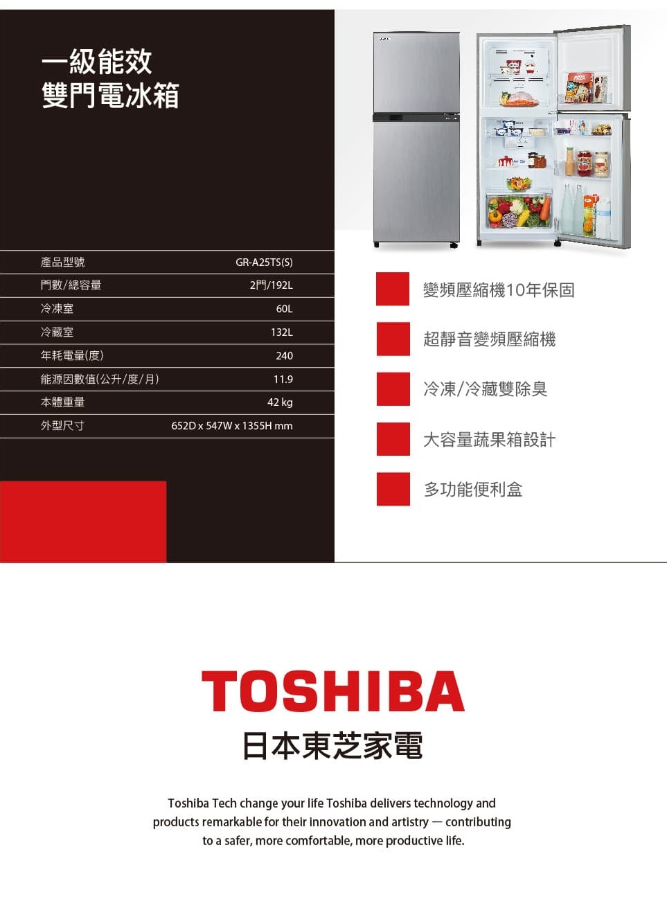 【TOSHIBA東芝】192L變頻一級雙門電冰箱GR-A25T