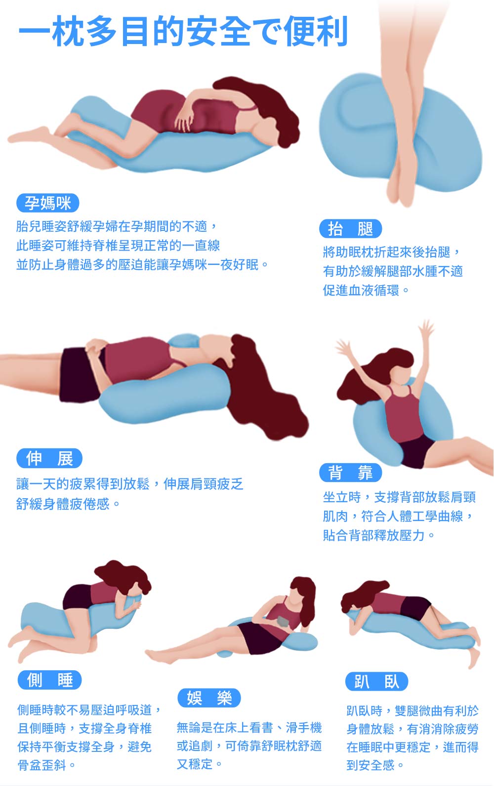【日本旭川】勁涼長型側睡多功能輔助枕+布套 孕婦枕 托腹枕 枕頭 