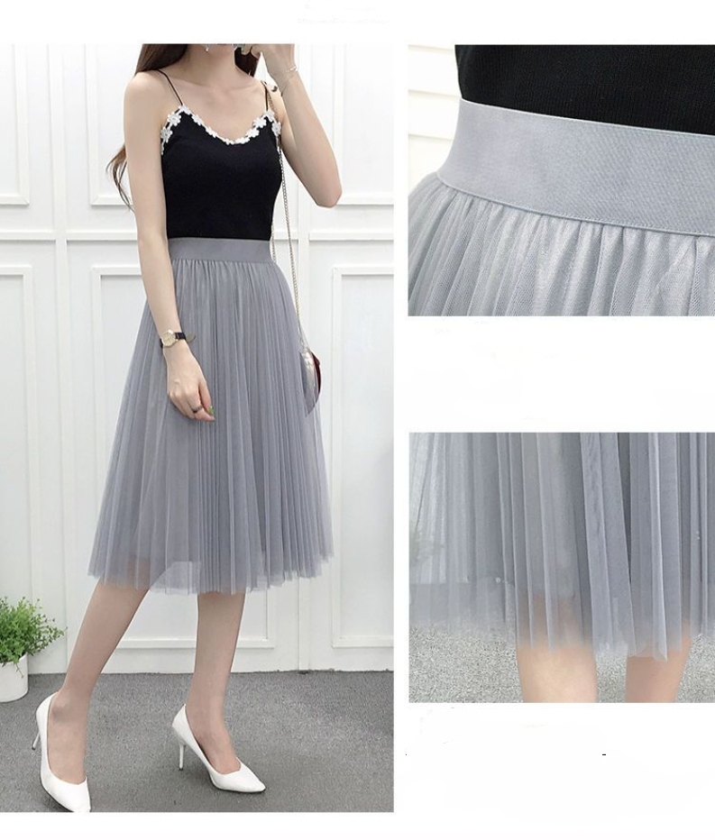 高腰顯瘦A字網紗甜美春夏唯美浪漫長裙 黑/杏/灰色任選