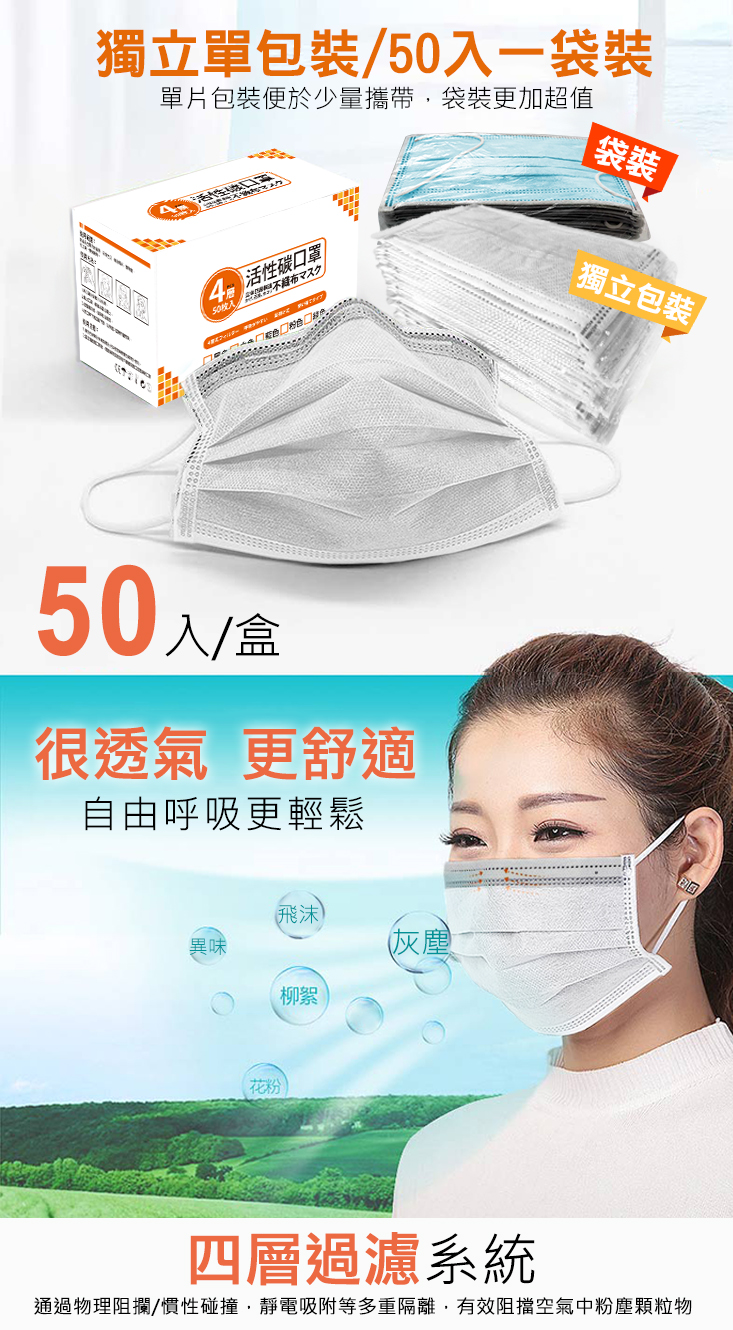 獨立包裝 四層活性碳防塵防護清淨口罩(3盒150片) 