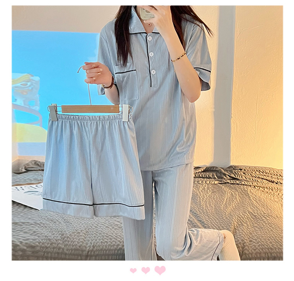 涼感牛奶絲三件套睡衣褲 短袖+短褲+長褲 M-2XL