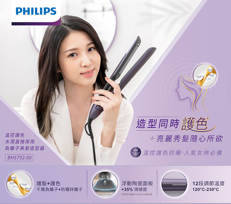 【Philips飛利浦 】溫控護色水潤直捲兩用負離子美髮造型器 (BHS752)