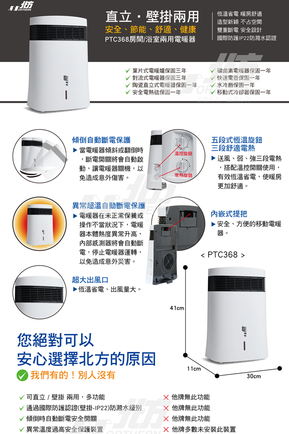       【NORTHERN 北方】房間/浴室兩用陶瓷電暖器(PTC3231