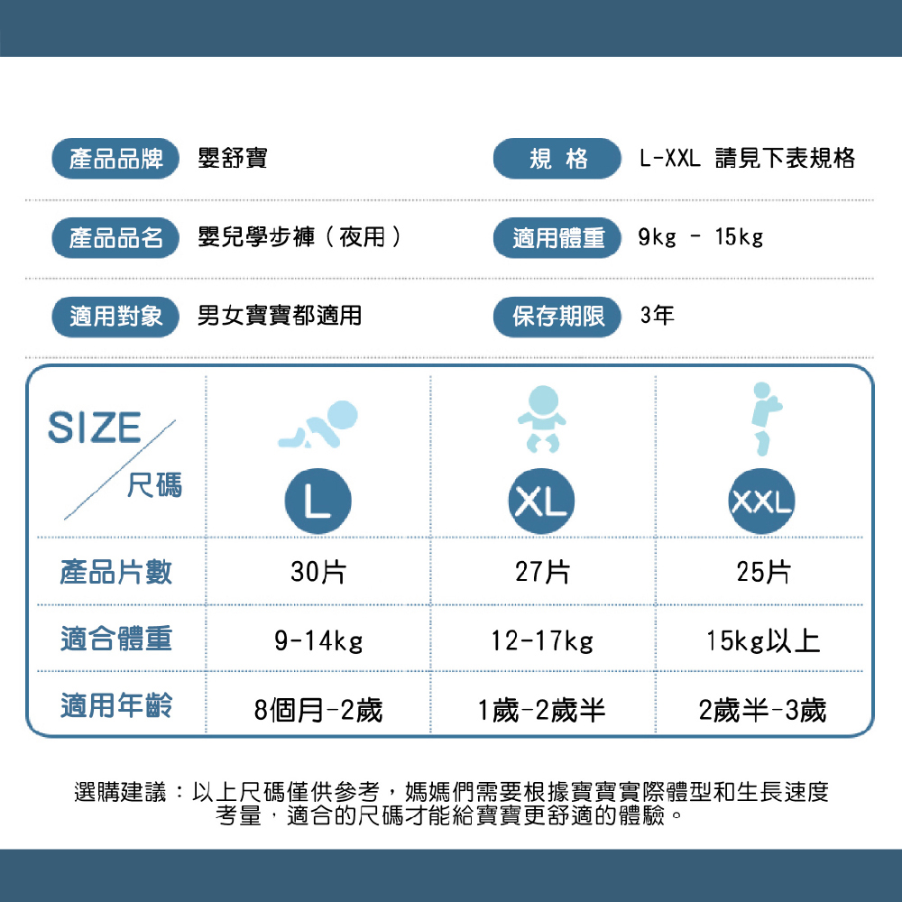 【嬰舒寶】大寶寶穿的夜用拉拉褲/學步褲/大大褲/褲型紙尿褲 (L~4XL)