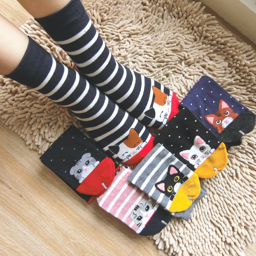 【凱美棉業】MIT台灣製精緻純棉直版女襪 雙色貓貓款 22-26cm