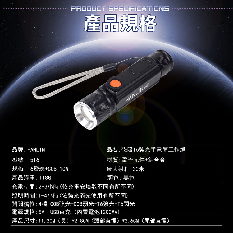       【HANLIN】T516(磁吸T6強光手電筒工作燈 COB USB