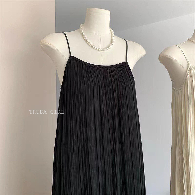 韓系女孩夏日寬鬆雙層百褶吊帶連身裙 洋裝 2色