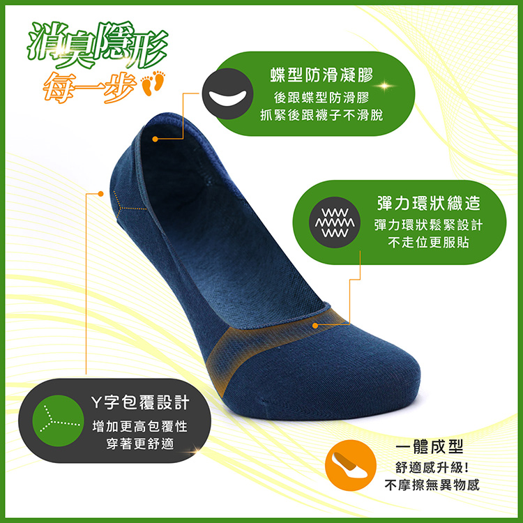 【GIAT】台灣製涼感消臭Y字工學包覆隱形襪 不掉跟短襪 除臭襪 機能襪 